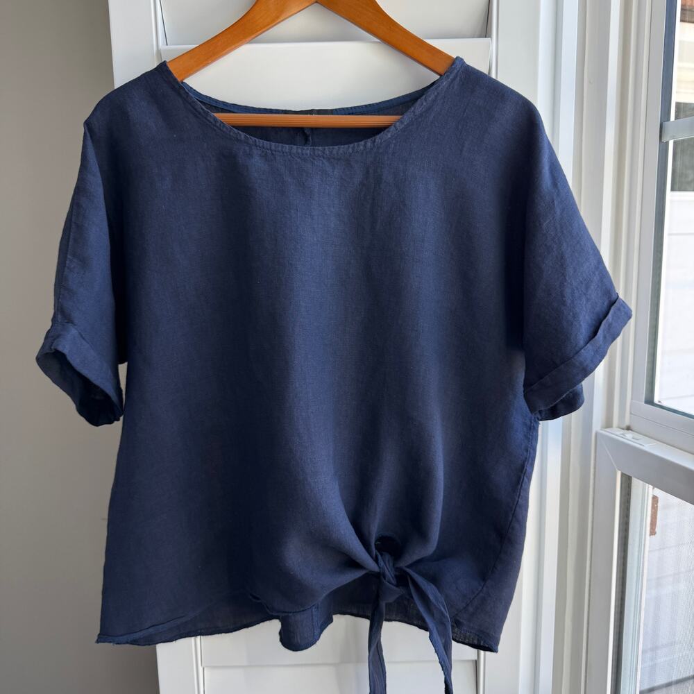CHERISHH Top Womens Large Navy 100% Linen Front Tie Coastal Beachy Resort Wear - Picture 9 of 12